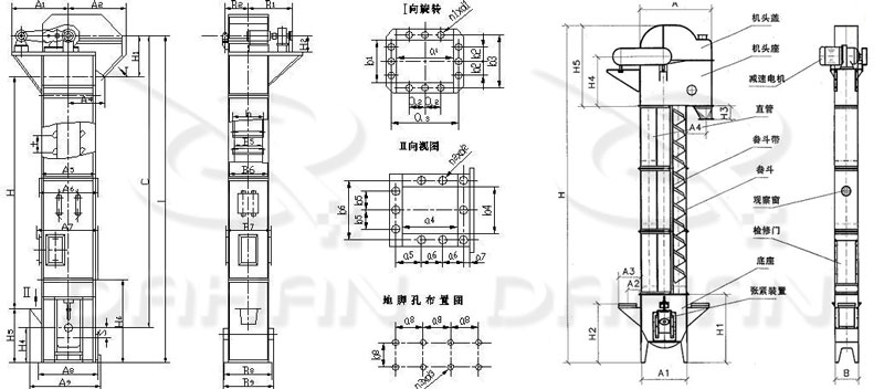 TD/D型斗式提升機(jī)基本結(jié)構(gòu):機(jī)頭蓋，機(jī)頭座，減速電機(jī)，直管，底座，緊張裝置等。