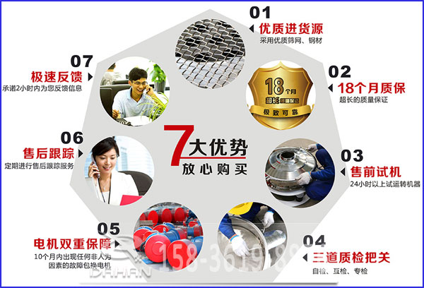 大漢食品振動(dòng)篩的7大優(yōu)勢(shì)：優(yōu)質(zhì)進(jìn)貨源，售后跟蹤，售前試機(jī)等。