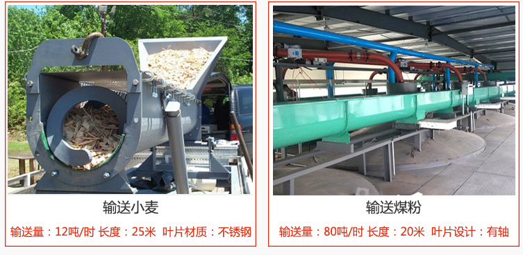 絞龍螺旋輸送機輸送小麥輸送量在12噸/時，長度為25米，葉片采用不銹鋼材質；輸送水泥輸送量在80噸/時，長度為20米，葉片設計為有軸。