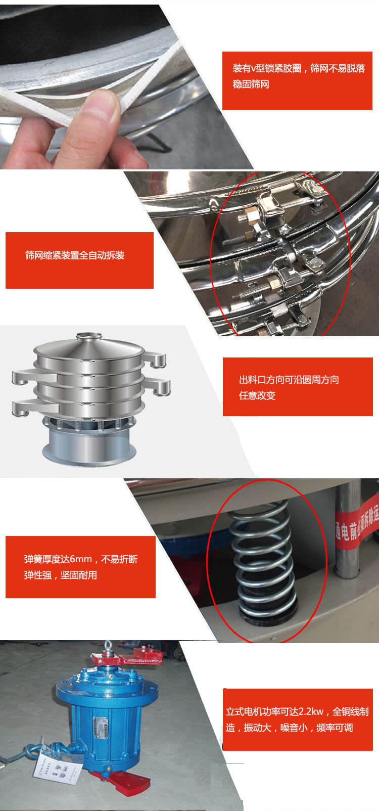 裝有V型鎖緊膠圈，使篩網(wǎng)不易脫落穩(wěn)固篩網(wǎng)，篩網(wǎng)鎖緊裝置，全自動拆裝，出料口方向可沿圓周方向任意改變。彈簧厚度達(dá)6mm，不易折斷，彈性強(qiáng)，堅(jiān)固耐用。專業(yè)的振動電機(jī)，全銅線制造，振動大，機(jī)械噪音小，頻率可調(diào)。產(chǎn)品對比:材質(zhì)：大漢振動篩廠家采用304不銹鋼材質(zhì)耐腐蝕性，耐熱性強(qiáng)。個(gè)別廠家采用其它金屬材質(zhì)，耐腐蝕性，耐熱性差蒸發(fā)緩慢，烘干效率較低。大漢振動篩廠家采用金屬編織網(wǎng)，篩分精度高，效率高，篩網(wǎng)利用率高。