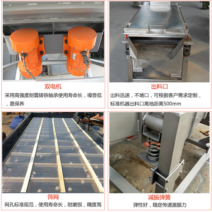 線振動篩配件優(yōu)勢：雙電機(jī)采用高強(qiáng)度耐震鑄鐵軸承使用壽命長，噪音低，易保養(yǎng)，出料口：出料迅速，不堵口，可根據(jù)客戶需求定制標(biāo)準(zhǔn)機(jī)器出料口離地距離500mm。篩網(wǎng)：網(wǎng)孔標(biāo)準(zhǔn)規(guī)范，使用壽命長，耐磨損，精度高。減震彈簧彈性好，穩(wěn)定傳遞激振力。