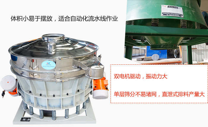 雙電機驅動，振動力大，單層篩分不易堵網，直泄式排料產量大