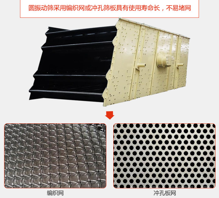圓振動篩采用編織網(wǎng)或沖孔篩板具有使用壽命長，不易堵網(wǎng)。