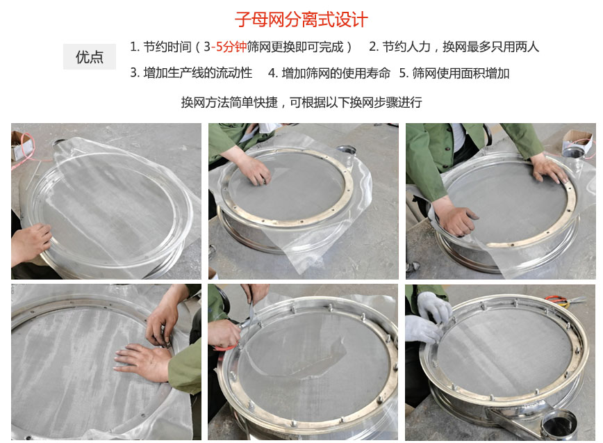 大漢振動機(jī)械換網(wǎng)優(yōu)勢：1，節(jié)省時(shí)間（3-5分鐘篩網(wǎng)更換即可完成）2，節(jié)省人力，換網(wǎng)只有兩人。3.增加生產(chǎn)線的流暢性。4.增加篩網(wǎng)壽命，彈跳球不直接撞擊子網(wǎng)。5.篩網(wǎng)使用面積增加。