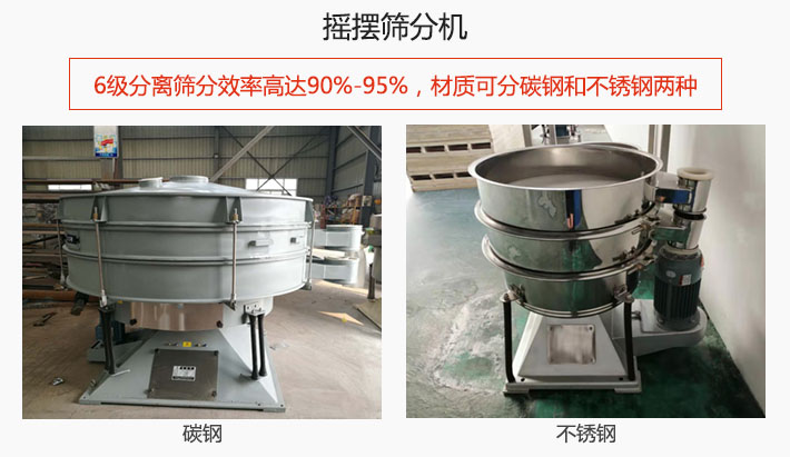 搖擺篩分機(jī)6級(jí)分離篩分效率高達(dá)90%-95%，材質(zhì)可分碳鋼和不銹鋼兩種。