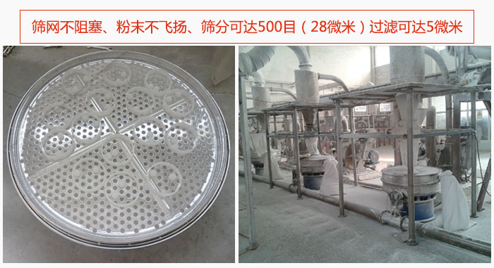 冶金粉末振動(dòng)篩篩網(wǎng)不阻塞、粉末不飛揚(yáng)、篩分可達(dá)500目（28微米）過濾可達(dá)5微米。