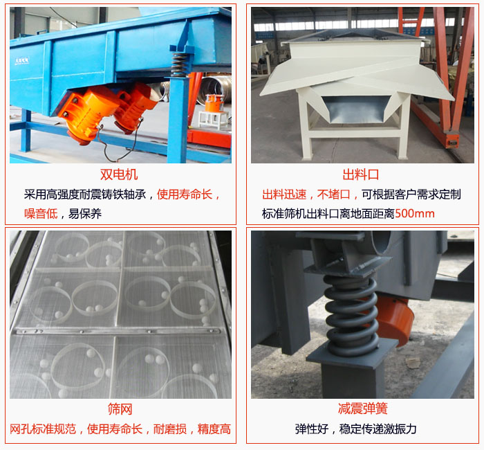 1030直線振動(dòng)篩雙電機(jī)采用高強(qiáng)度耐震鑄鐵軸承使用壽命長(zhǎng)、噪音低，易保養(yǎng)；出料口排料迅速，不堵口，可根據(jù)客戶需求定制，標(biāo)準(zhǔn)機(jī)器出料口離地面距離500mm;篩網(wǎng)網(wǎng)孔標(biāo)準(zhǔn)規(guī)范、使用壽命長(zhǎng)，耐磨損、精度高；減震彈簧：彈性好，穩(wěn)定傳遞激振力。