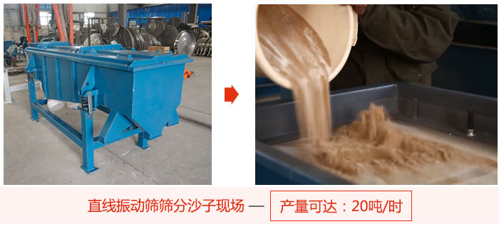 直線振動(dòng)篩篩分沙子現(xiàn)場(chǎng)展示，產(chǎn)量高達(dá)20噸每小時(shí)。
