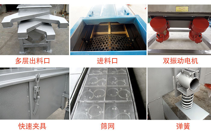 多層直線振動(dòng)篩出料口，篩網(wǎng)，彈簧，快速夾具，振動(dòng)電機(jī)等