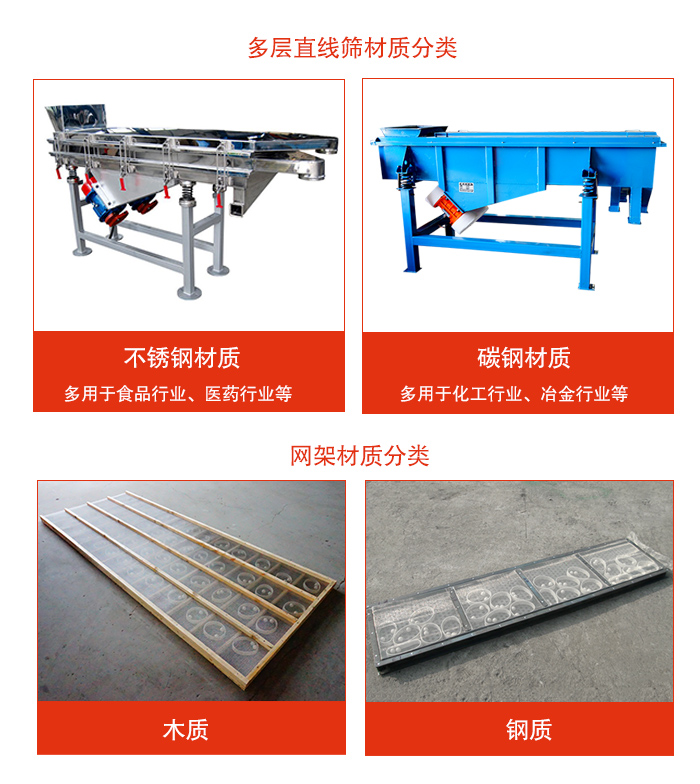 多層直線振動(dòng)篩材質(zhì)有：不銹鋼，碳鋼；網(wǎng)架材質(zhì)有木質(zhì)，鋼質(zhì)等。