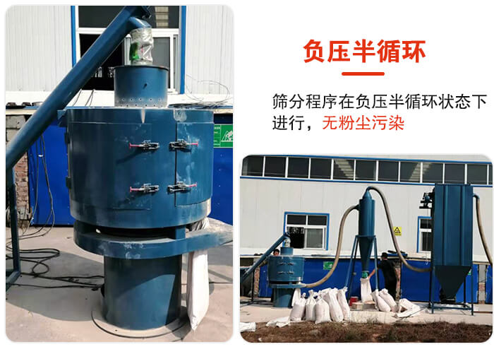 氣流篩負壓半循環(huán)，篩分程序在負壓版循環(huán)狀態(tài)下進行，無粉塵污染。