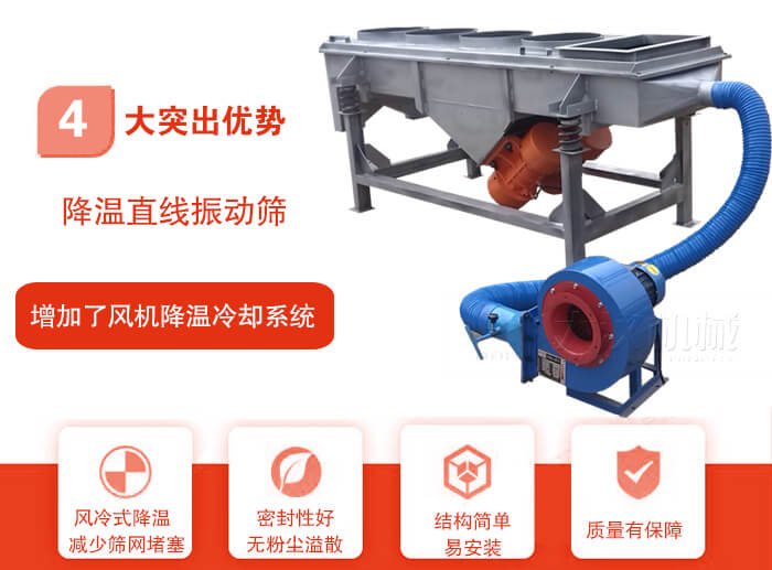 降溫直線振動篩性能特點：1，技術(shù)成熟，質(zhì)量可靠，篩分精度高，處理量大。2，風(fēng)冷式降溫系統(tǒng)設(shè)計，快速有效降溫。3，適用范圍廣，可應(yīng)用于各種需要降溫的物料。4，設(shè)計精巧合理，結(jié)構(gòu)簡單，易安裝，耗能少，噪音低5，篩網(wǎng)使用壽命長，換網(wǎng)更方便，快捷6，設(shè)備整體密封性好，無粉塵溢散。