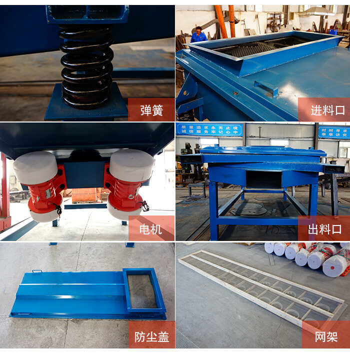 1035直線振動(dòng)篩細(xì)節(jié)展示：出料口，振動(dòng)彈簧，振動(dòng)電機(jī)，進(jìn)料口。