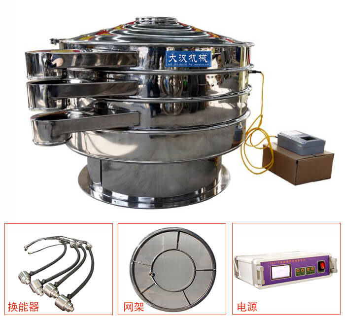  全不銹鋼超聲波振動篩內(nèi)部組成：換能器，網(wǎng)架，電源。