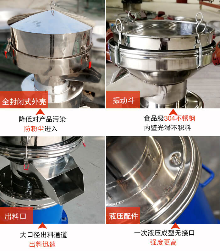 450過濾篩機(jī)結(jié)構(gòu)組成：全封閉式外殼設(shè)計(jì)：對產(chǎn)品的污染低，防塵粉進(jìn)入電機(jī)內(nèi)部延長設(shè)備壽命。振動(dòng)斗：食品304不銹鋼篩斗，內(nèi)壁光滑不存在積料現(xiàn)象。出料口，大口徑出料通道，出料迅速，提高工作效率。液壓配件：一次液壓成型無接口強(qiáng)度更高。