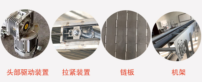 鏈板輸送機(jī)結(jié)構(gòu)：頭部驅(qū)動裝置，拉緊裝置，鏈板，機(jī)架等圖片展示