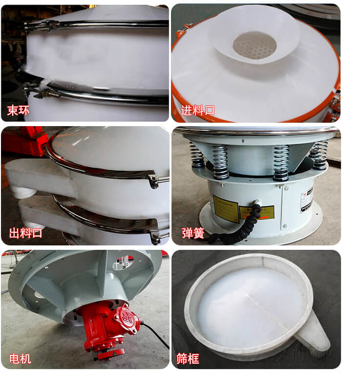 塑料防腐蝕振動篩細節(jié):進料口，框體，網(wǎng)架底框，出料口等。