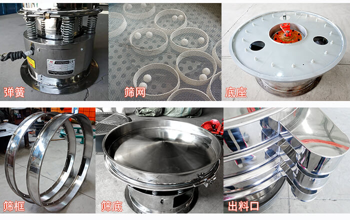 細(xì)節(jié)展示：篩框，篩網(wǎng)，振動(dòng)底座，振動(dòng)體，出料口。
