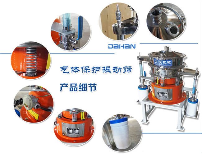 氣體保護振動篩細節(jié)：振動彈簧，手動閥門，料罐等。