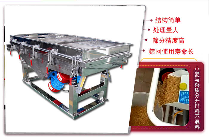 小麥清理振動篩結(jié)構(gòu)簡單，處理量大，篩分精度高，篩網(wǎng)使用壽命長。
